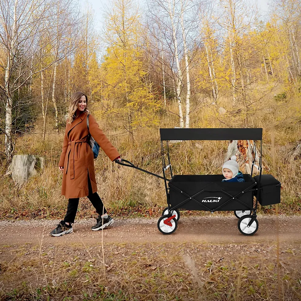 Chariot de transport pliable Hauki 170x53x104 cm noir avec toit panier amovible poche extérieure
