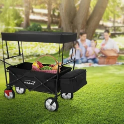 Chariot de transport pliable Hauki 170x53x104 cm noir avec toit panier amovible poche extérieure