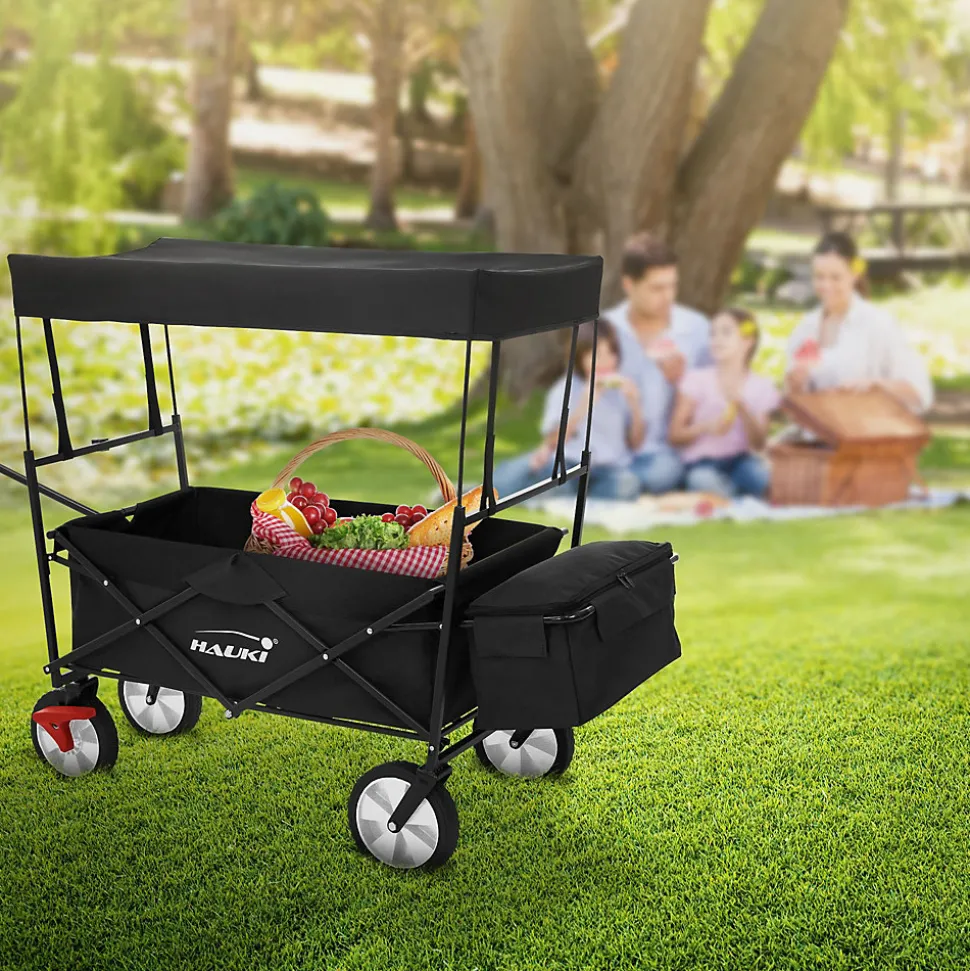 Chariot de transport pliable Hauki 170x53x104 cm noir avec toit panier amovible poche extérieure