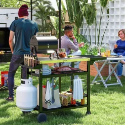 Chariot desserte barbecue plancha multi-équipement plateau acier inox