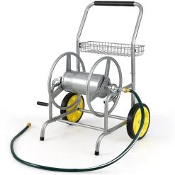 Chariot Dévidoir de Tuyau d'Eau de Jardin avec Roues, Manivelle, Panier de Rangement, Portable