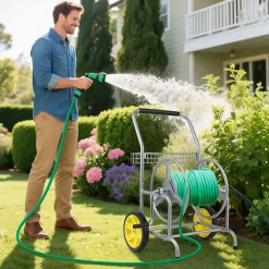 Chariot Dévidoir de Tuyau d'Eau de Jardin avec Roues, Manivelle, Panier de Rangement, Portable