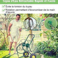 Chariot Enrouleur Tuyau Arrosage Chariot Tuyau Arrosage avec 2 Roues Cadre en Métal Grande Capacité Mécanisme de Manivelle