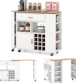Chariot Îlot avec Table Rotative, 120 x 40 x 100 cm, Desserte de Cuisine à roues, avec Casier à Vin, Tiroir, Porte-épices