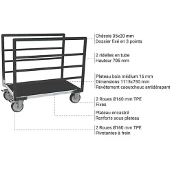 Chariot modulable à tube 2 ridelles - Plateau antidérapant 1115x710mm - Charge 500kg - 806724633