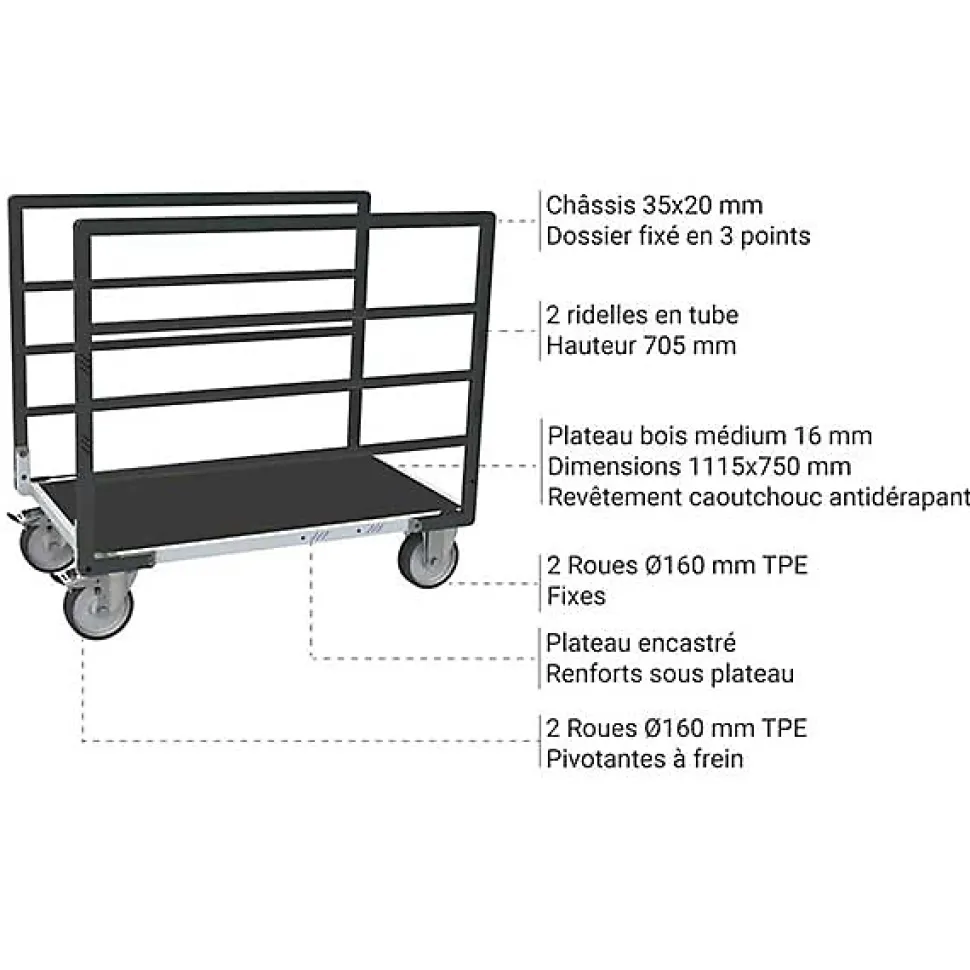 Chariot modulable à tube 2 ridelles - Plateau antidérapant 1115x710mm - Charge 500kg - 806724633
