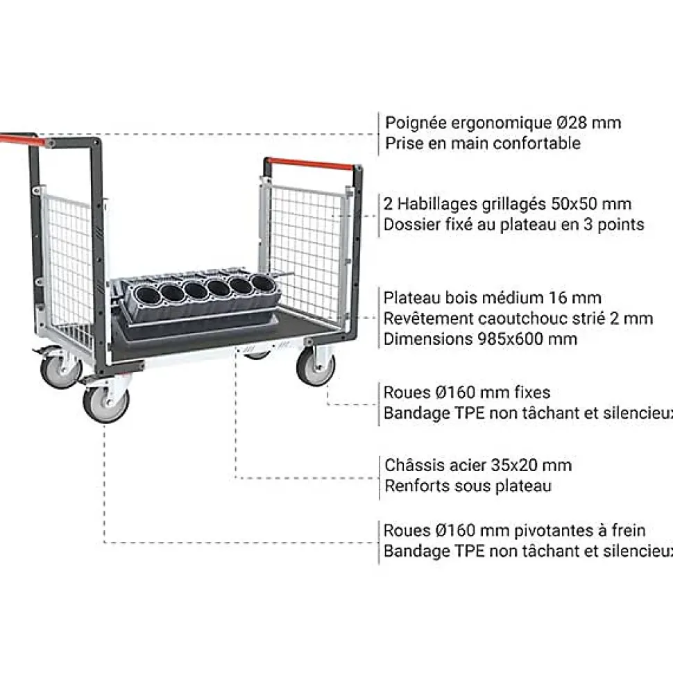 Chariot modulable grillagé 2 dossiers - Plateau antidérapant 965x600mm - Charge max 500kg - 806724562