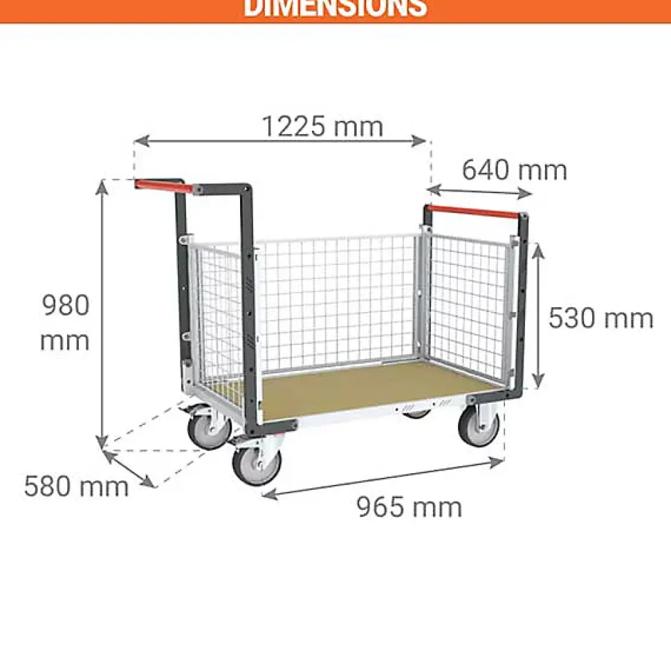 Chariot modulaire grillagé 3 côtés - Plateau bois médium 965x580mm - Charge max 500kg - 806724544