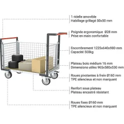 Chariot modulaire grillagé 3 côtés - Plateau bois médium 965x580mm - Charge max 500kg - 806724544