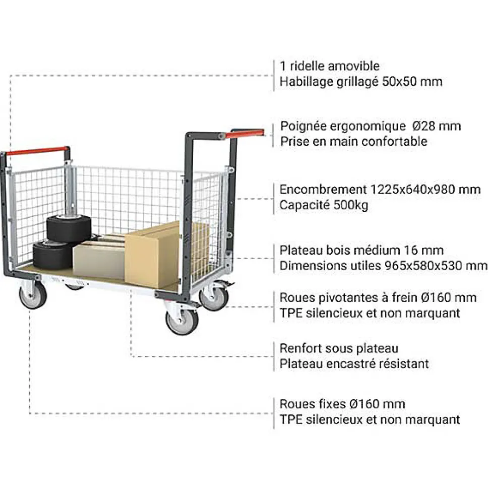 Chariot modulaire grillagé 3 côtés - Plateau bois médium 965x580mm - Charge max 500kg - 806724544