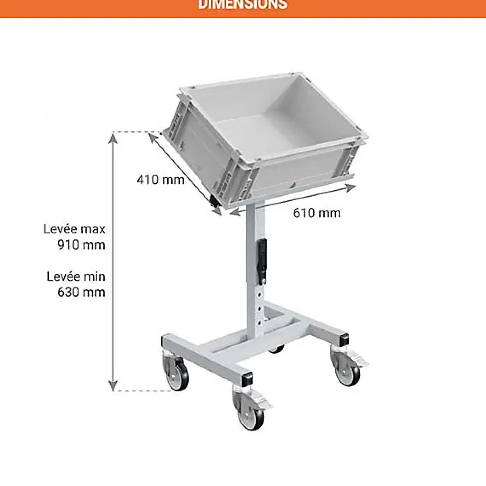 Chariot porte-bac inclinable et réglable - Plateau 610x140mm - Gris clair - Bac Europe - W020020011-GC