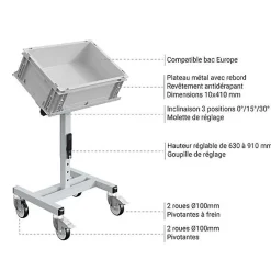 Chariot porte-bac inclinable et réglable - Plateau 610x140mm - Gris clair - Bac Europe - W020020011-GC
