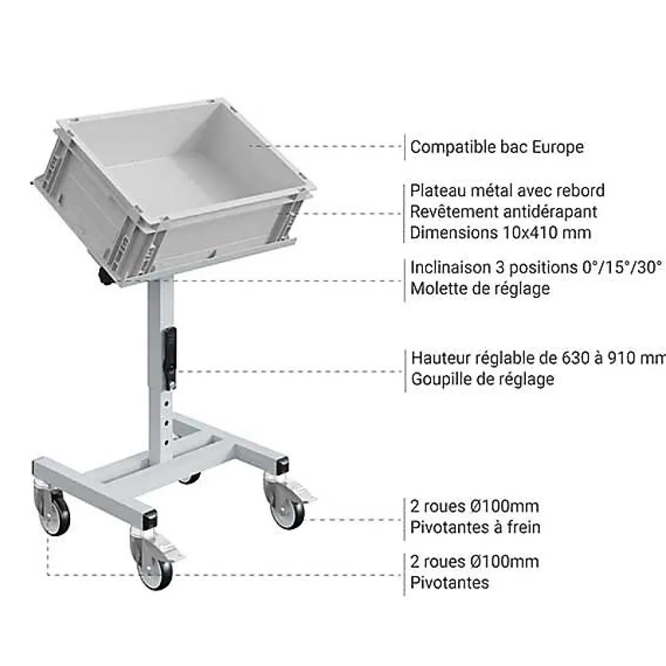 Chariot porte-bac inclinable et réglable - Plateau 610x140mm - Gris clair - Bac Europe - W020020011-GC