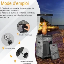 Chauffage Exterieur 12KW avec Reflecteur en Verre de 75 CM Chauffage au Gaz avec Housse Etanche Dispositif de Anti basculement