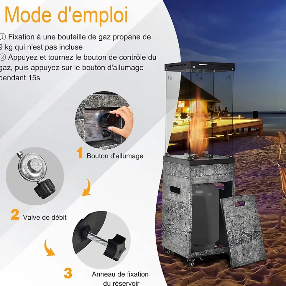 Chauffage Exterieur 12KW avec Reflecteur en Verre de 75 CM Chauffage au Gaz avec Housse Etanche Dispositif de Anti basculement