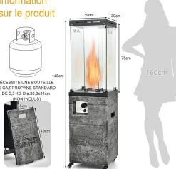 Chauffage Exterieur 12KW avec Reflecteur en Verre de 75 CM Chauffage au Gaz avec Housse Etanche Dispositif de Anti basculement