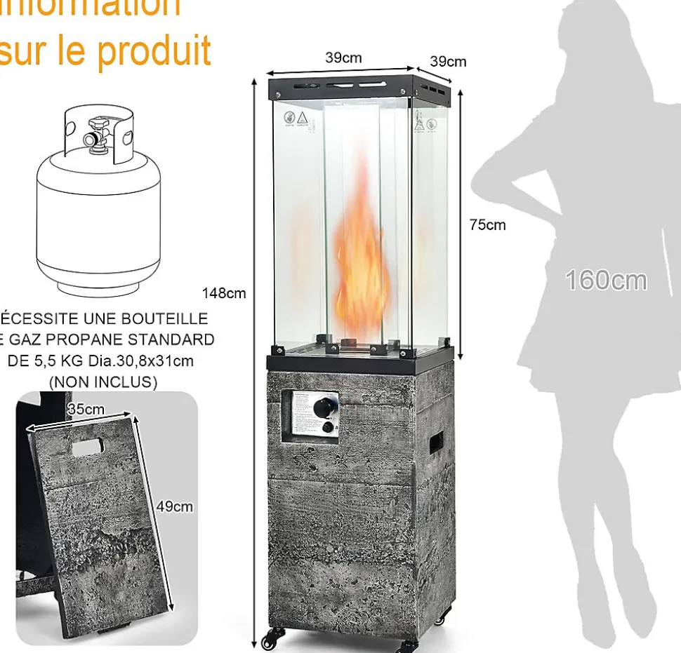 Chauffage Exterieur 12KW avec Reflecteur en Verre de 75 CM Chauffage au Gaz avec Housse Etanche Dispositif de Anti basculement