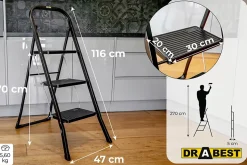 Échelle pliante DRABEST robuste à 3 marches avec marches et tabouret 1 pièce.