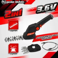 Cisaille - taille haies 3.6v lithium - Batterie et cable de chargement fournis - Elem Garden