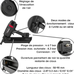 Cloueuse pneumatique professionnelle pour clous 50-90 mm en bande à 34 degrés