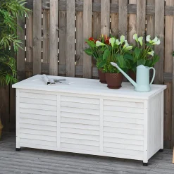 Coffre de rangement extérieur façade persienne - coffre jardin 283L - dim. 127 x 56 x 60cm - bois blanc