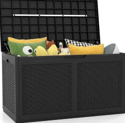 Coffre de Rangement Extérieur Étanche 380 L, Coffre Banc Jardin Exterieur avec 2 Roues, Charge 200KG (Noir,111x56x61-380L)