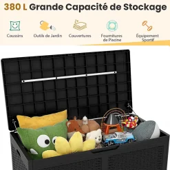 Coffre de Rangement Extérieur Étanche 380 L, Coffre Banc Jardin Exterieur avec 2 Roues, Charge 200KG (Noir,111x56x61-380L)