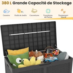 Coffre de Rangement Extérieur Étanche 380 L, avec 2 Roues, pour Balcon Terrasse, Coussins, Jardinage, Charge 200KG (111x56x61cm)