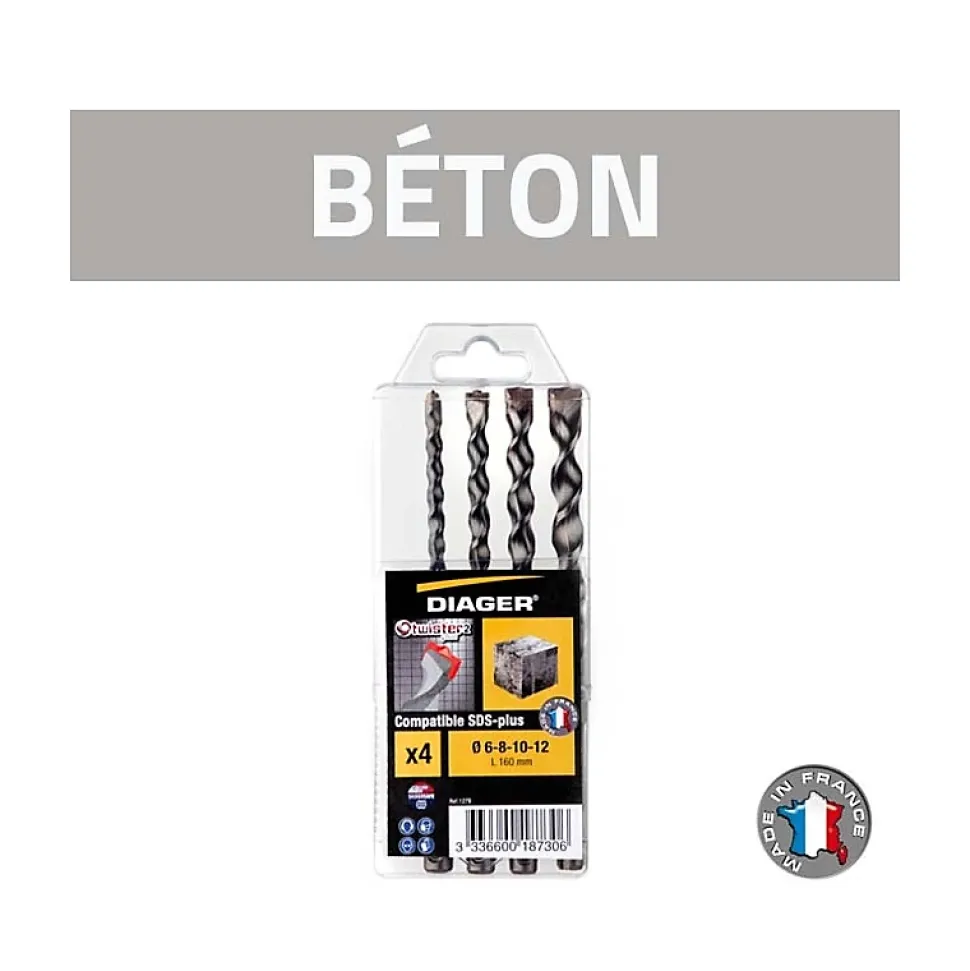 Coffret 4 forets béton DIAGER SDS-plus Twister Plus 6-8-10-12 mm 160 mm