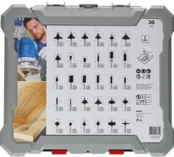 Coffret 30 fraises mixtes BOSCH 2607017474, queue 6 mm, carbure, compatible défonceuses portatives, boîtier transparent.