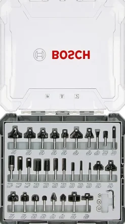 Coffret 30 fraises mixtes BOSCH 2607017474, queue 6 mm, carbure, compatible défonceuses portatives, boîtier transparent.