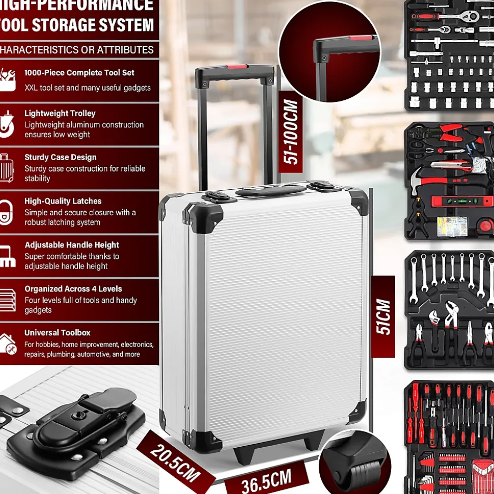 Coffret à Outils 1000 Pièces Professionnel - Valise Roulante Aluminium avec Poignée Télescopique et Outils Chrome Vanadium pour