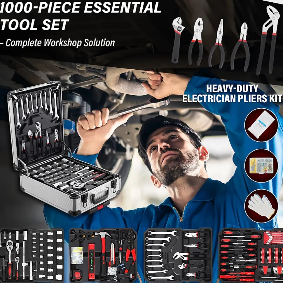 Coffret à Outils 1000 Pièces Professionnel - Valise Roulante Aluminium avec Poignée Télescopique et Outils Chrome Vanadium pour