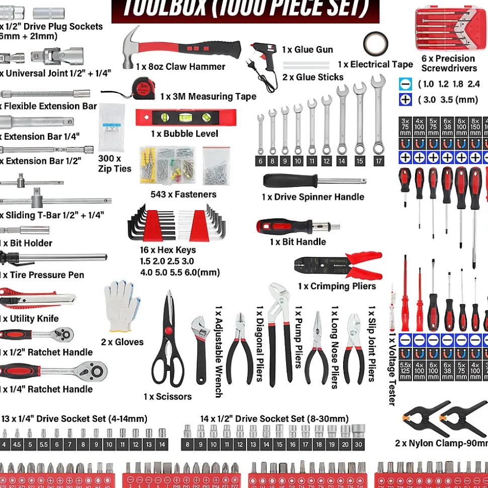 Coffret à Outils 1000 Pièces Professionnel - Valise Roulante Aluminium avec Poignée Télescopique et Outils Chrome Vanadium pour