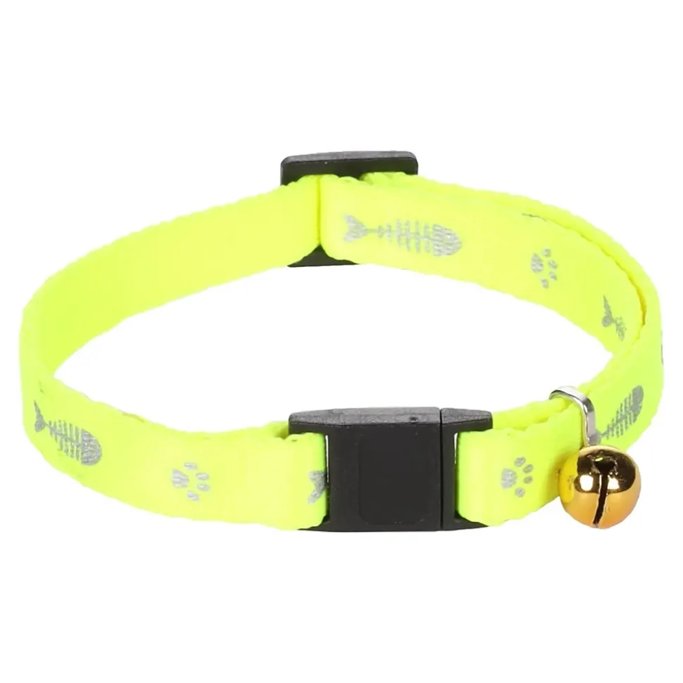 Collier réglable de 20 à 35 cm jaune motif poisson + clochette pour chat