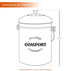 Composteur, bac, poubelle à compost de cuisine 5L rond en Inox - Noir - Linxor