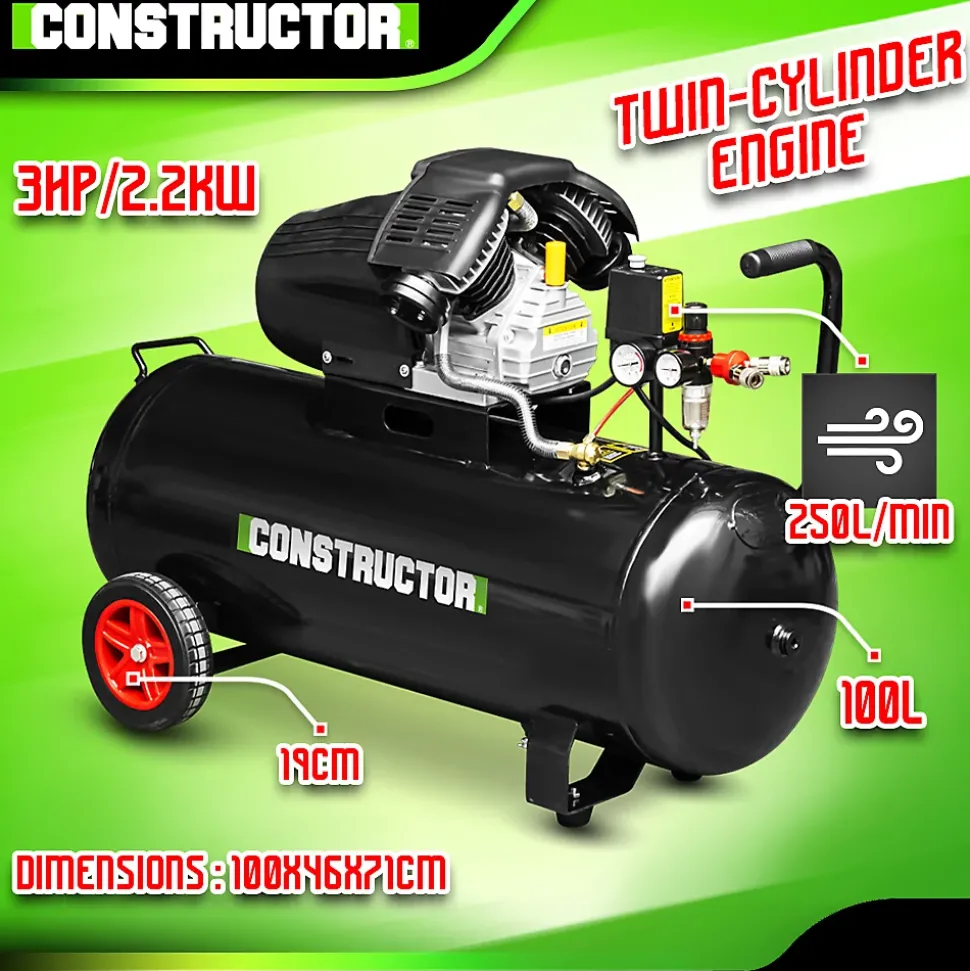 Compresseur à huile 100L bicylindre - 8 bars - 2.2Kw - Constructor