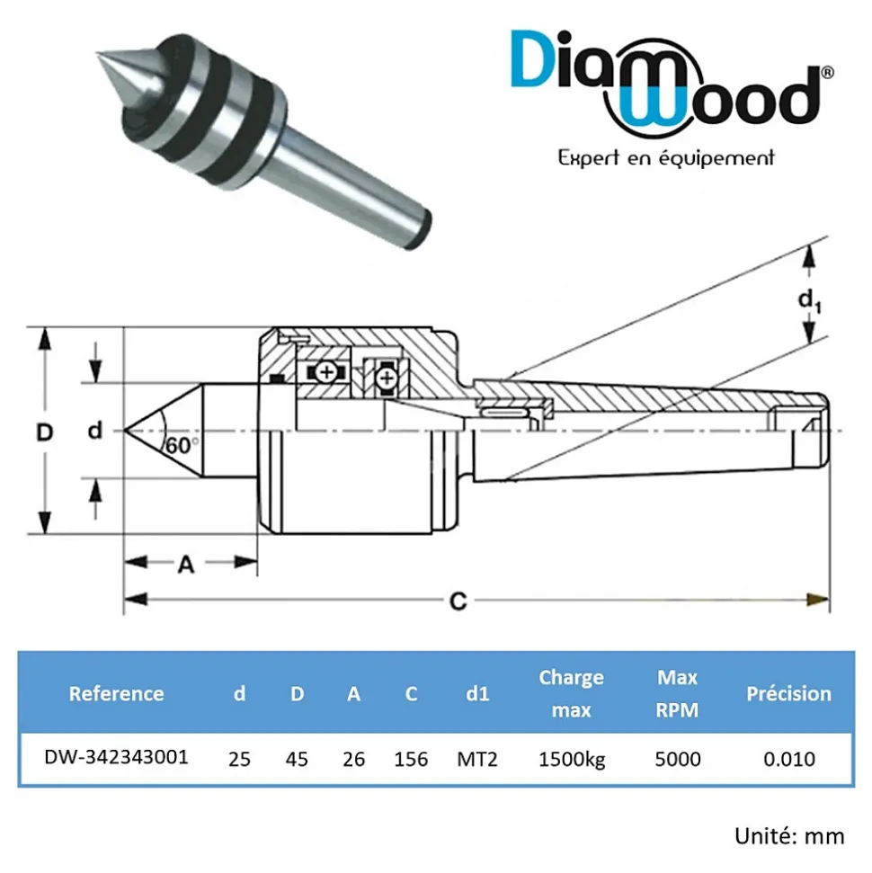 Contre-pointe tournante CM2/MK2/MT2 pour tour métal ou bois - Diamwood