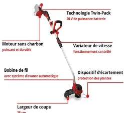 Coupe-bordures sans fil sans batterie 36 V, largeur de coupe avec fil 350 mm, Einhell GP-CT 36/35 Li BL-Solo