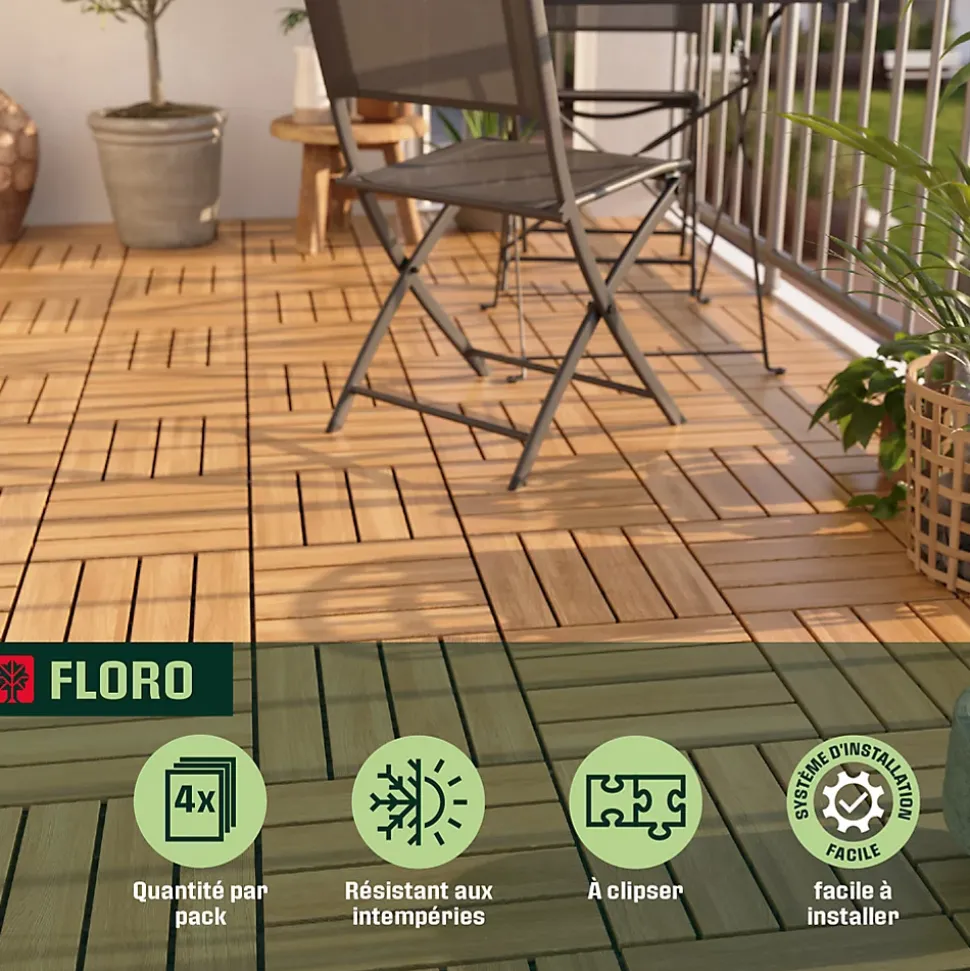 Dalle de terrasse bois d'acacia Floro Klikstrom L.30 x l.30 cm vendue par 4 pièces