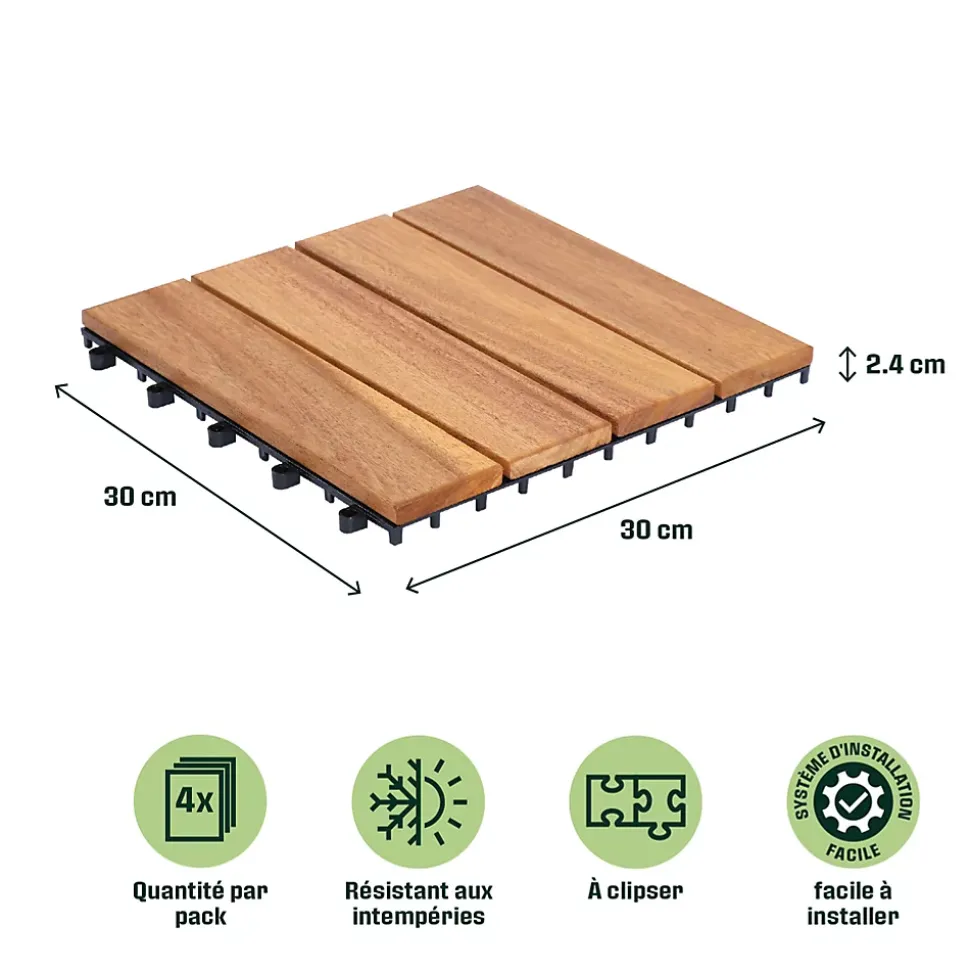 Dalle de terrasse bois d'acacia Floro Klikstrom L.30 x l.30 cm vendue par 4 pièces