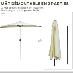 Demi parasol - parasol de balcon - ouverture fermeture manivelle - acier polyester haute densité crème