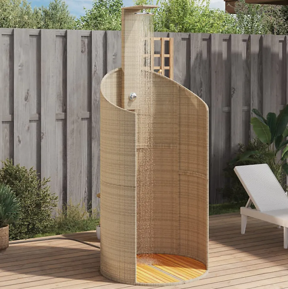 Douche d extérieur beige 100x100x241,5cm poly rotin bois acacia
