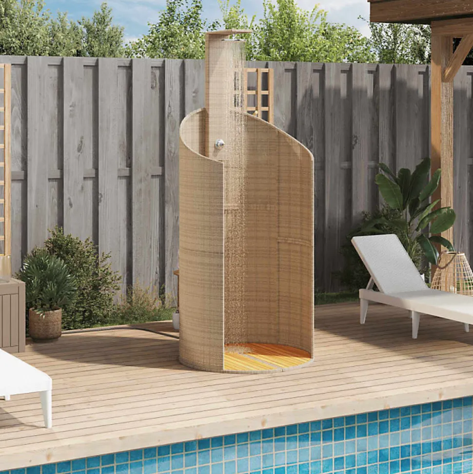 Douche d extérieur beige 100x100x241,5cm poly rotin bois acacia
