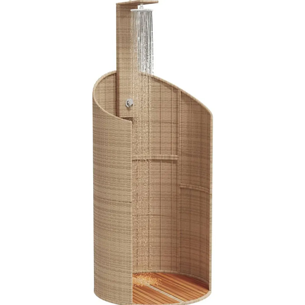 Douche d extérieur beige 100x100x241,5cm poly rotin bois acacia