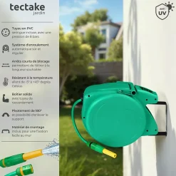 Dévidoir à enroulement automatique pour tuyau d'arrosage avec raccord rapide 1/2 pouce