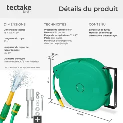 Dévidoir à enroulement automatique pour tuyau d'arrosage avec raccord rapide 1/2 pouce
