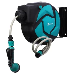 Dévidoir mural enrouleur automatique pivotant tuyau 10 + 1 m avec lance arrosage support mural intégré turquoise noir