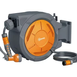 Dévidoir mural enrouleur automatique pivotant 180 degrés tuyau 30+2m avec pistolet arrosage support mural intégré orange gris