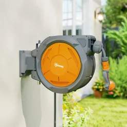 Dévidoir mural enrouleur automatique pivotant 180 degrés tuyau 30+2m avec pistolet arrosage support mural intégré orange gris